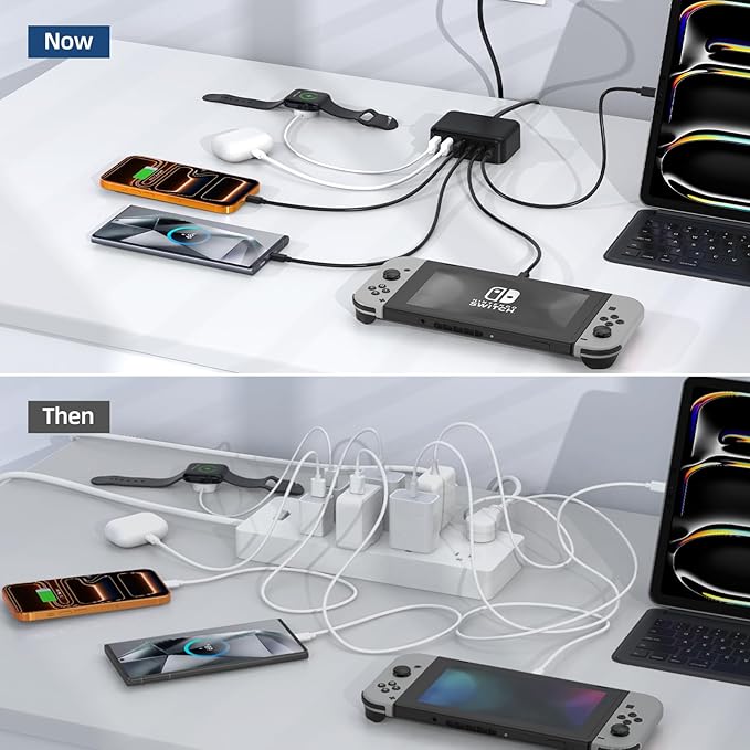 Updated USB C Fast Charger Block, 100W GaN 6 Port PD USB C QC USB A Wall Charger Adapter Plug Cube, Type C Charging Station Hub for iPhone 17 16 15 14 13 Pro Max iPad Samsung Pixel 5ft Extension Cord