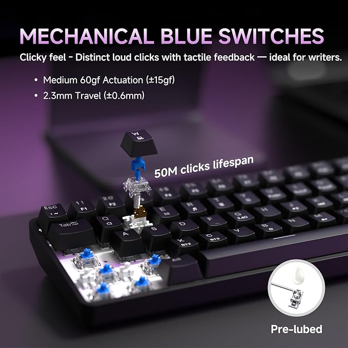 DIERYA DK68 Wireless Mechanical Keyboard, 60% Gaming Keyboard with Blue Switch, Triple Mode 2.4GHz/USB-C/BT5.0, RGB Backlit, Anti-Ghosting Keys, 68 Keys Portable Mini Wired Office Keyboard-Black