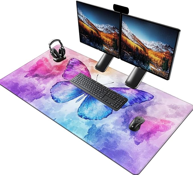 Extra Large Butterfly Mouse Pad 48x24 Inch – 3XL Huge Waterproof Desk Mat with Non-Slip Rubber Base & Stitched Edges, Full Coverage Mousepad Keyboard Mat for Work, Game, Office(Purple, XXXXL)