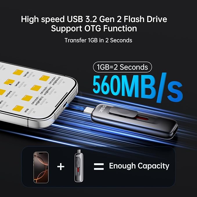 SSK 512gb Flash Drive,Fast Memory Stick with Sliding Dual USB 3.2 flashDrive Type-c +A up to 560 MB/s Read Speed Thumb-Drive,External Solid State-Drive for iPhone 15/16/17/Android/Windows/Tablet/TV