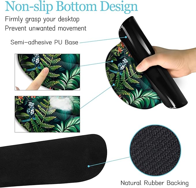 LIMKRIAN Floral Mouse Pad Large Desk Mat Set, Green Ergonomic Mouse Pad with Wrist Rest Keyboard Wrist Support XXL Mousepad Cup Coaster Set, Cute Green Office Desk Accessories Decor Supplies