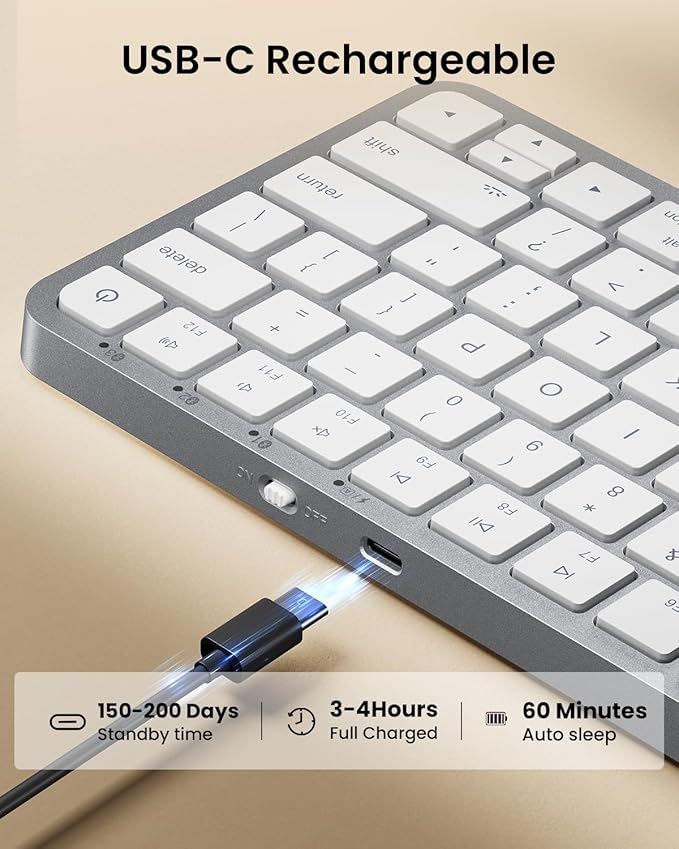 ProtoArc Bluetooth Keyboard for iPad, K90-A Backlit Compact Wireless Keyboard for Mac, Multi-Device, Low Profile, Rechargeable, Compatible with MacBook Pro/Air/Neo, Not for Windows - White Silver