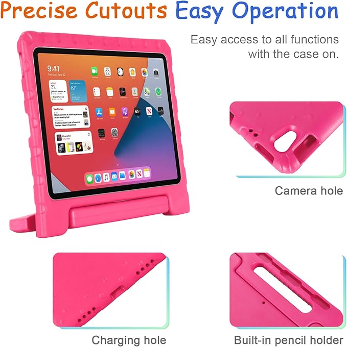 Kids Case for iPad Pro 12.9-inch (6th/5th/4th Gen) 2022/2021/2020, Techcircle [Support Pencil Charging] Convertible Handle Stand Lightweight EVA Foam Bumper Protective Rugged Child Proof Cover, Rose