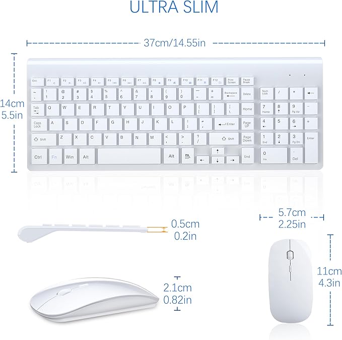 TopMate Wireless Keyboard and Mouse Ultra Slim Combo, 2.4G Silent Compact USB 2400DPI Mouse and Scissor Switch Keyboard Set with Cover, Batteries Included, for PC/Laptop/Windows/Mac - White
