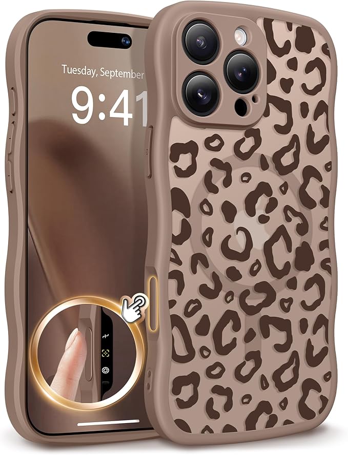 GVIEWIN for iPhone 16 Pro Max Case Compatible with MagSafe [Curly Wave Edge][Full Camera Protection] Floral Translucent Shockproof Magnetic Women Phone Case for 16 Pro Max, Leopard/Brown