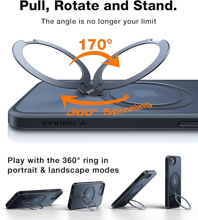 TORRAS 360 Spin for iPhone 17e Case & iPhone 16e case with Stand, Fit for MagSafe, 4X Military-Grade Protective, Stand Phone Case for iPhone 17e Case, Ring Holder Slim Cover, Matte Black 6.1''