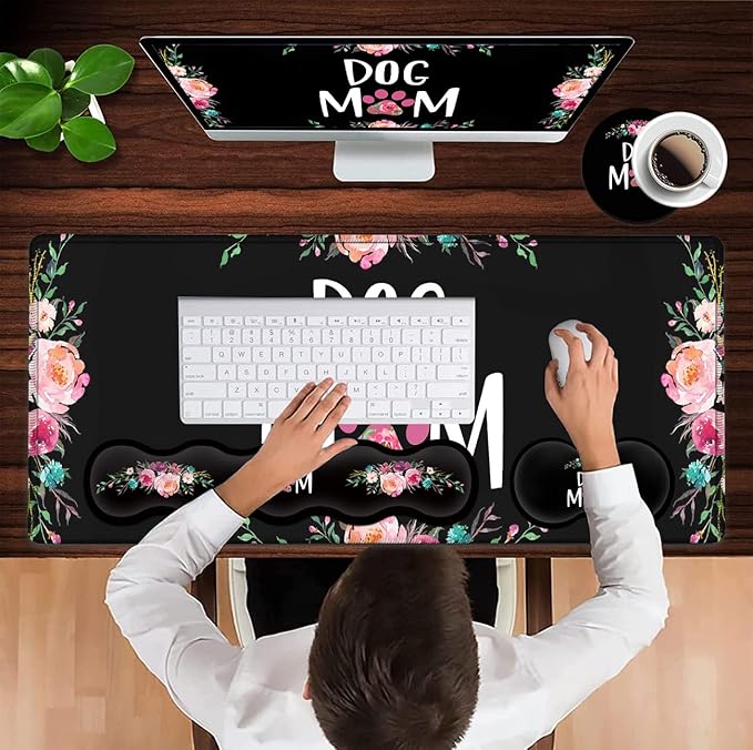 Gaming Mouse Pad, Large XXL Mouse Pad,Large Mouse Pad with Stitched Edge,Non-Slip Desk Pad Ergonomic Keyboard Wrist Rest Anime Mouse Pad Cute Dog Mom Floral Design Black Desk Mat for Computer Laptop