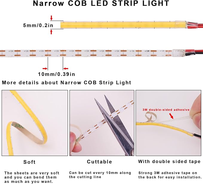 TOPAI 12V Thin 5mm COB LED Strip Light 4000K Natural White 16.4ft Bright 4000Lm CRI>90 Uniform Dotless 400LEDs/M Adhesive Flexible Cuttable LED Tape for DIY, Bedroom, Under Cabinet Lighting
