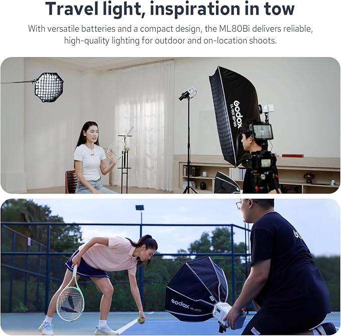 Godox ML80Bi COB Video Light w/95Wh Detachable Battery, Brighter Bi-Color Led Video Light 29600lux@5600K 1m, CRI 96, 2800K-6500K,11FX, Dimming 0%~100%, Portable Continuous Output Lighting Photography