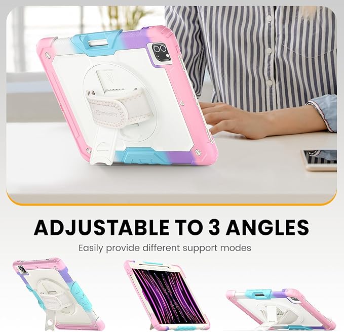 Timecity for iPad Pro 12.9 Case 6th/5th/4th/3rd Gen, 360° Rotating Stand, Pencil Holder & Wireless Charging, Shockproof with Screen Protector & Shoulder Strap - for Designers & Professionals-Pink Camo