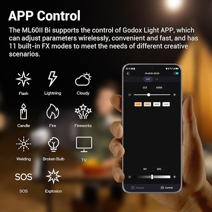 Godox ML60IIBi 70W Bi-Color COB LED Video Light,2800K-6500K CRI 96+/TLCI 97+,Built-in 11 Lighting Effects,App Control Photography Lighting