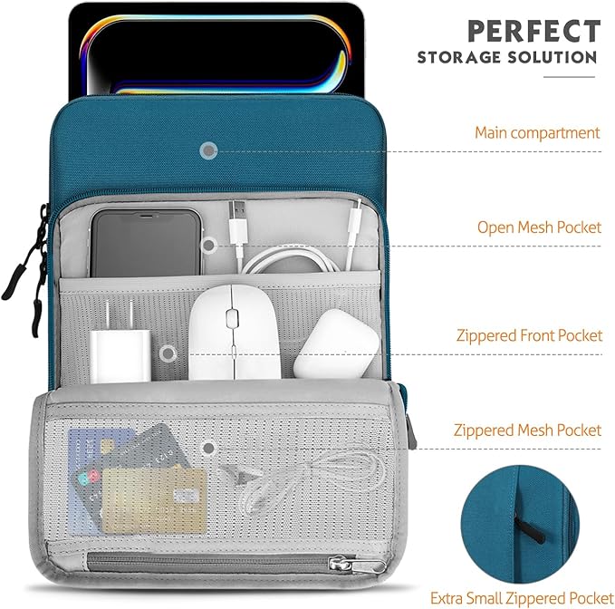 MoKo 10-13 Inch Tablet Sleeve Bag Carrying Case with Pockets Fits New 13-inch iPad Air M4 2026 & Pro M5,Pro 12.9/11,iPad 10th/Air 5/4th 10.9,i-Pad 7/8/9th 10.2, Galaxy Tab S8+/S9+ 12.4, Peacock Blue
