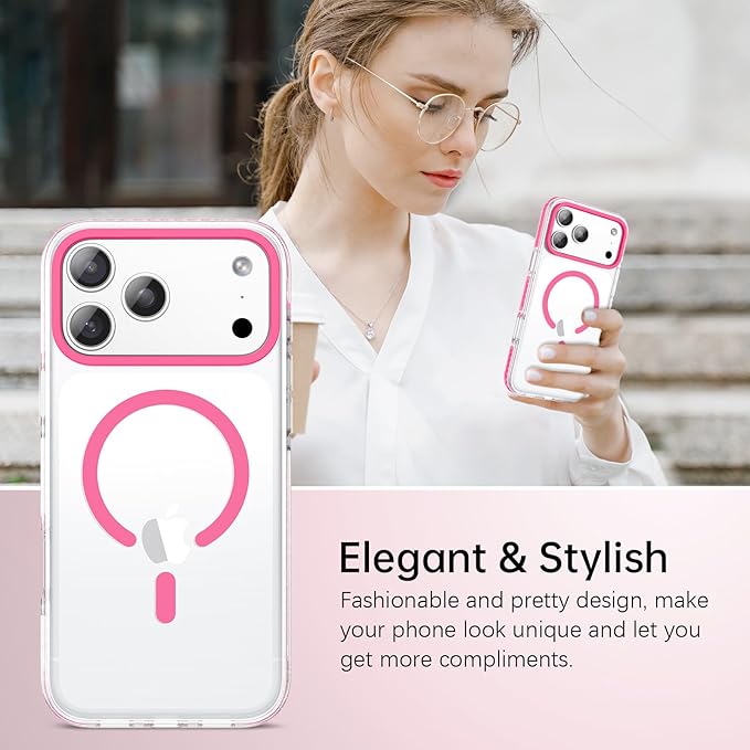 BENTOBEN Magnetic for iPhone 17 Pro 6.3" Case, Compatible with Magsafe Military Shockproof Protective Cute Transparent Slim Anti-Yellowing Phone Case for iPhone 17 Pro Cover, Clear Hot Pink
