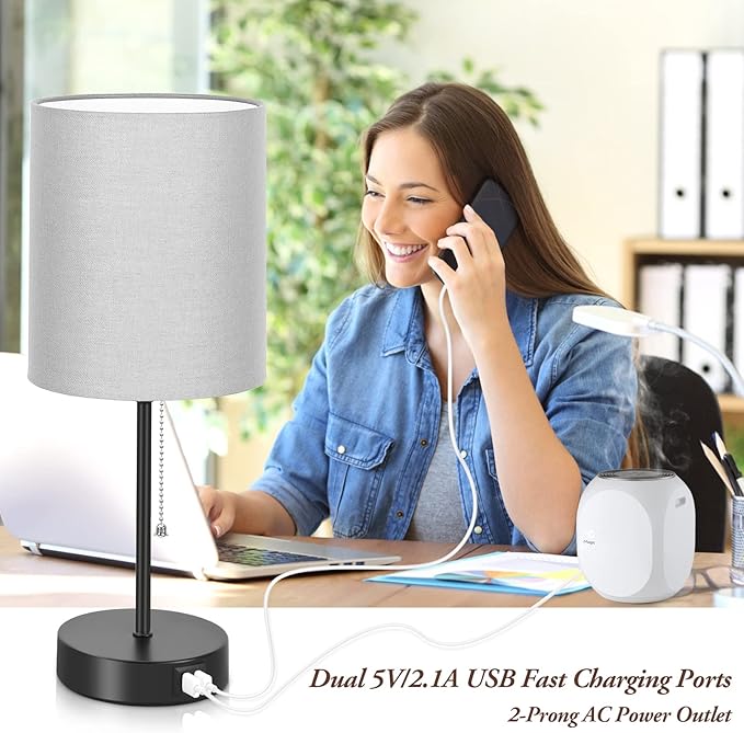 17.3’’ Table Lamps Set of 2 with 2 USB & AC Outlet, Bedside Nightstand Lamps for Bedroom Living Room Kid’s Room, Desk Lamp with Pull Chain Switch & Fabric Shade for Office Reading Nursery, Grey