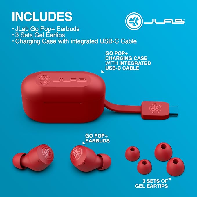 JLab Go Air Pop+ True Wireless Earbuds, Bluetooth 5.3 in Ear Headphones with Microphone, 35H Playtime, USB-C Charging Case, Dual Connect, EQ3 Sound, Rose