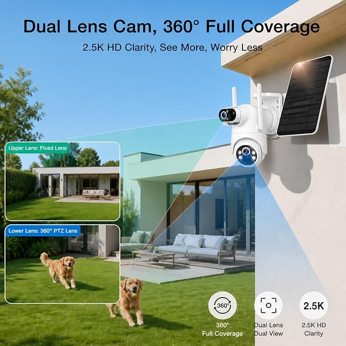 Dual Lens Solar Security Camera Wireless Outdoor – 2.5K HD No Blind Spot with PIR Motion Detection, 360° PTZ, Full Color Night Vision, 5G/2.4GHz WiFi, IP65 Waterproof for Home, Business & Outdoor Use