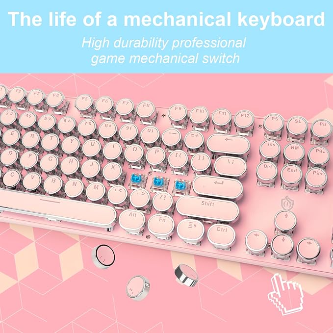 YSCP Typewriter Style Mechanical Gaming Keyboard White Backlit Wired with Blue Switch Retro Round Keycap 104 Keys Keyboard (Pink)