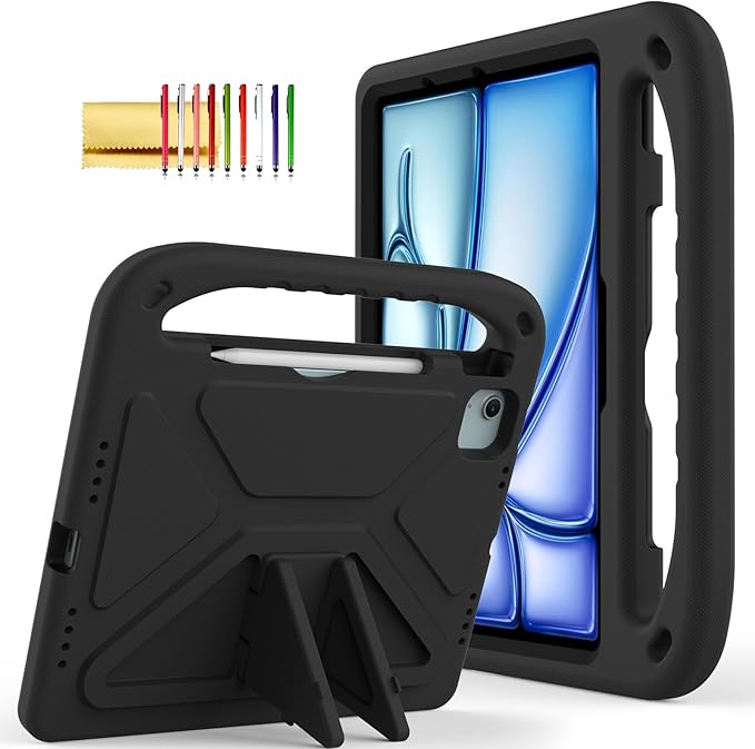 Dteck Kids Case for iPad Air 11" M2 (2024) & iPad Pro 11" M4 (2024) with Pencil Holder, Shockproof Rugged Protective Handle Stand, EVA Foam Case, Black