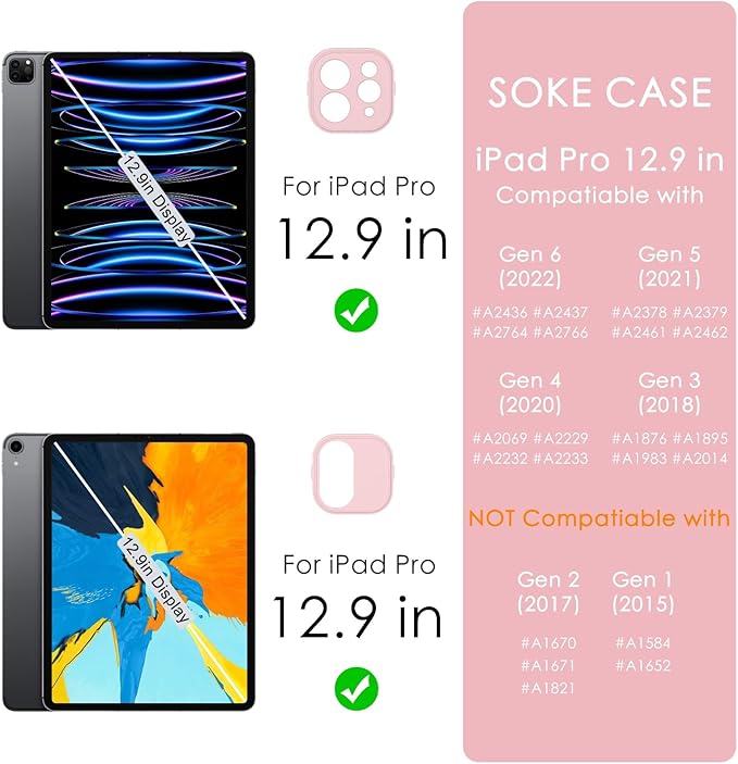 Soke Case for iPad Pro 12.9 Inch (6th/5th/4th/3rd Generation, 2022/2021/2020/2018) - Pencil Holder + Auto Sleep/Wake + Camera Protection, Transparent Shockproof Back Cover, Book Pink