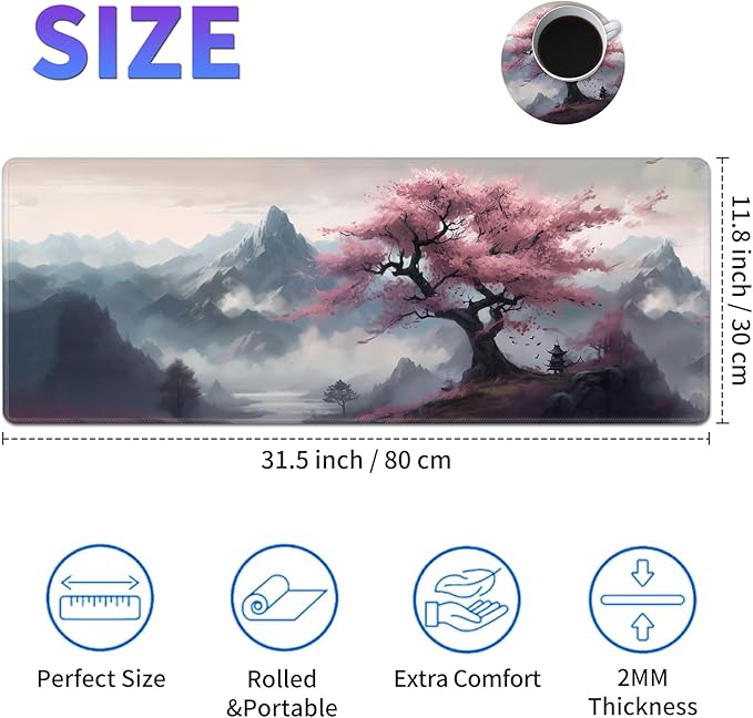 Large Mouse Pad, Desk Mat, XL Gaming Keyboard Mat, Non-Slip Rubber Base, Full Extended Mousepad for Gaming Office Home, 31.5 X 11.8 Inch, Sakura Tree