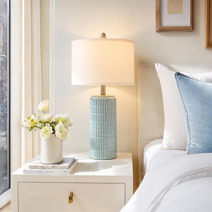 PoKat 23" Light Blue Table Lamps Set of 2, Modern Bedside Lamps for Bedroom, Coastal Ceramic End Table Lamps for Living Room, Ocean Nightstand New Home Decor Lamps
