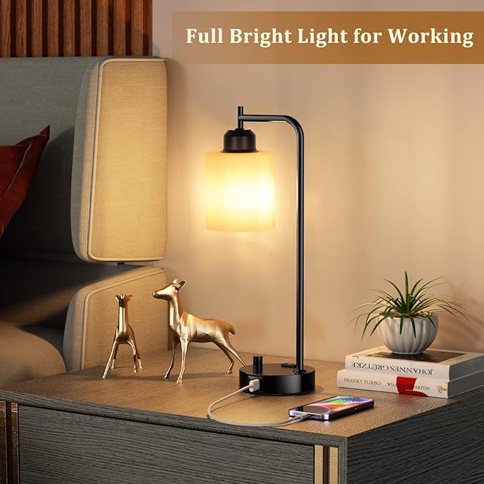 Industrial Bedroom Table Lamps for Bedside - White Opal Glass Shade Desk Lamps with USB C Port, Fully Dimmable Black Lamps with USB Port and Outlet, Reading Nightstand Lamp for Office Living Room