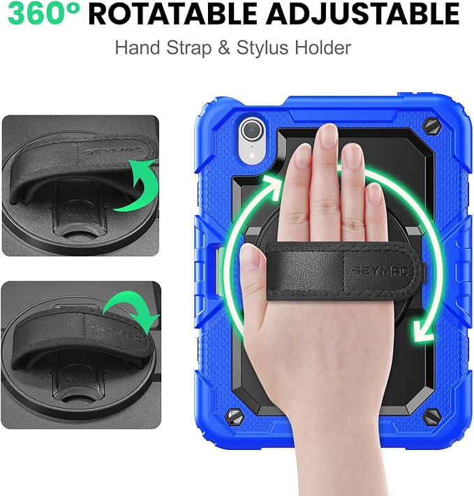 SEYMAC Case for iPad mini 7th Generation (A17 Pro) 2024/ Mini 6th Generation 8.3 Inch, Full-Body Shockproof Protective Case with Screen Protector, 360° Rotating Stand, Hand/Shoulder Strap, Blue