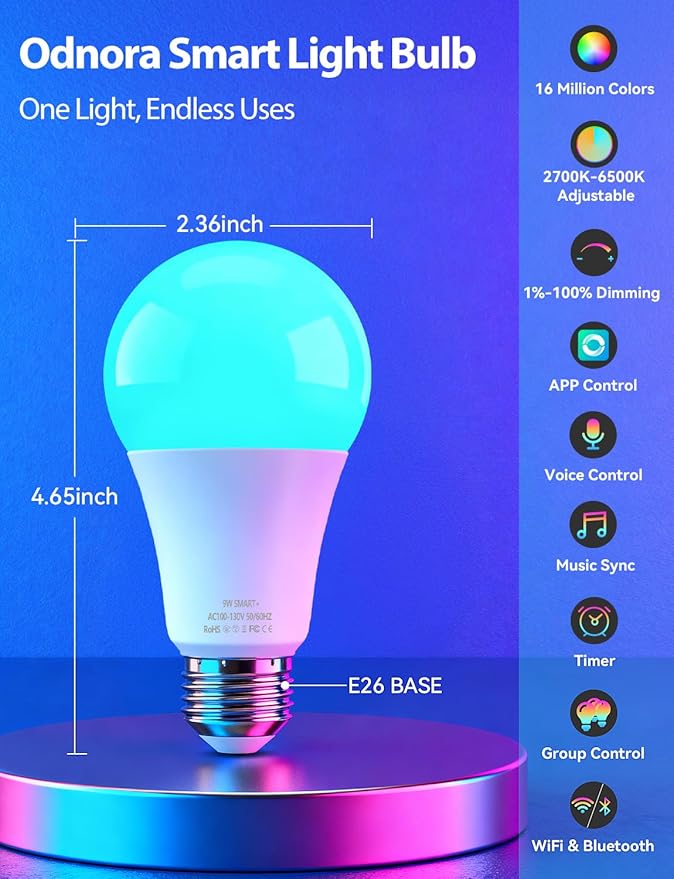 Smart A19 LED Light Bulb, Color Changing Light Bulbs, Compatible with Alexa & Google Assistant, Dimmable RGBTW, 2.4GHz Wi-Fi Bluetooth Bulbs, 9W (60W Equivalent), No Hub Required, 8 Packs