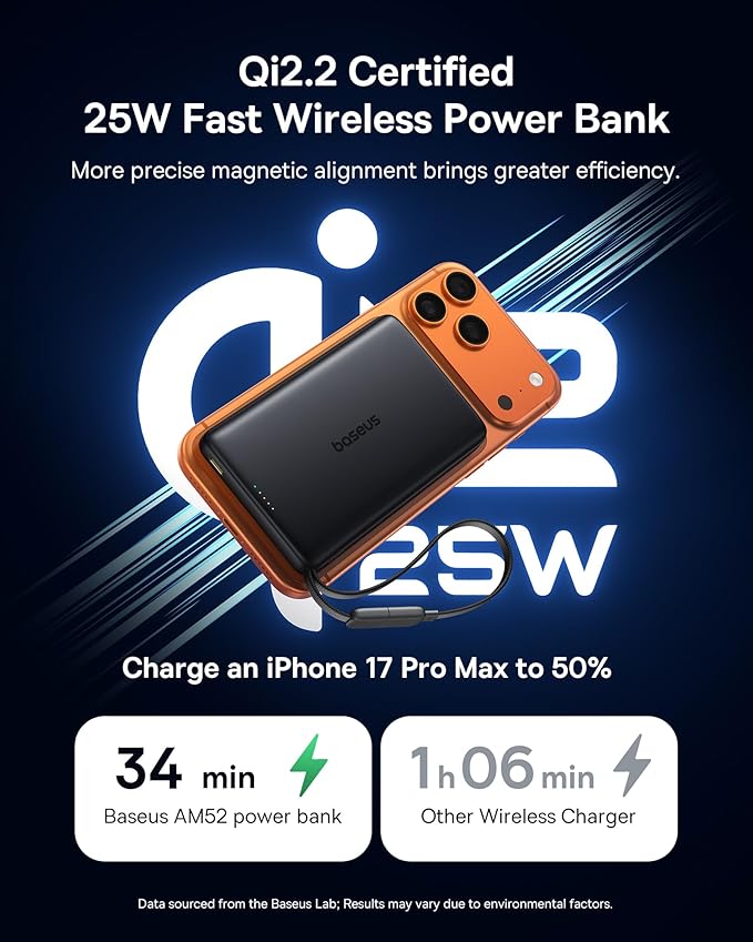 Baseus Picogo AM52 MagSafe Power Bank, Qi2.2 25W 10,000mAh Magnetic Portable Charger, 0.6" Slim Built-in 45W USB-C Cable, Alloy Fast Charging Wireless Battery Pack for iPhone 17/16/15/14/13/12 Only
