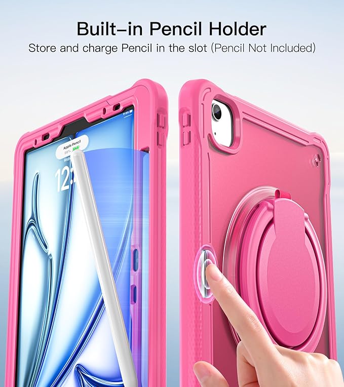 BATYUE Case for iPad Air 11-inch M4(2026)/M3(2025)/M2(2024), iPad Air 4/5 10.9" & Pro 11" 2018-2022 - Shockproof Case with 360° Rotating Stand & Handle, Pencil Holder, Shoulder Strap, Rose
