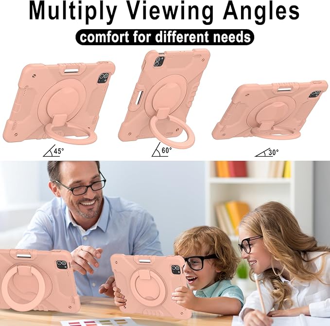 SCSVPN for iPad Air 5th/ 4th Generation 10.9'' Case, iPad Pro 11 Inch Case 4th/3rd/2nd/1st Gen 2022 2021 2020 2018: Protection Kids Cover with Pencil Holder-Stand-Handle-Shoulder Strap, Rose Gold