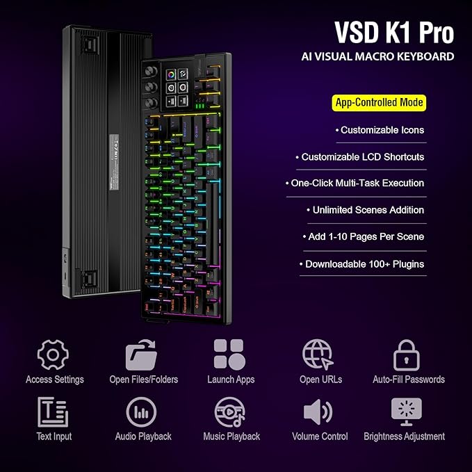 K1 Pro Macro Keyboard, Wired Only Full-Key Programmable On-Board Keypad, Custom Gaming Streaming Mechanical Keyboards with Screen & Knob, Gasket, RGB Backlit, Hot Swappable Shortcut Pad