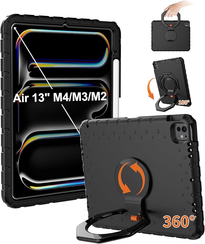 for iPad Air 13 Inch Case (M4 2026 / M3 2025 / M2 2024), Heavy Duty EVA Protective Cover with Magnetic Charging Pencil Holder, 360° Rotating Stand, for Kids, Work & Travel, Black