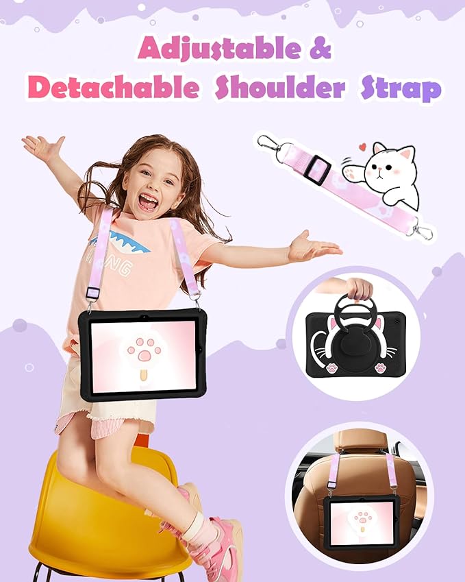 Wazzasoft for Samsung Galaxy Tab A9 Plus Case 11” Girls Cute Black Cat Cover Kawaii Girly 3D Cartoon Women Kitten with Rotating Handle Stand & Strap Soft Silicon Funda for Samsung A9 Plus Tablet Case