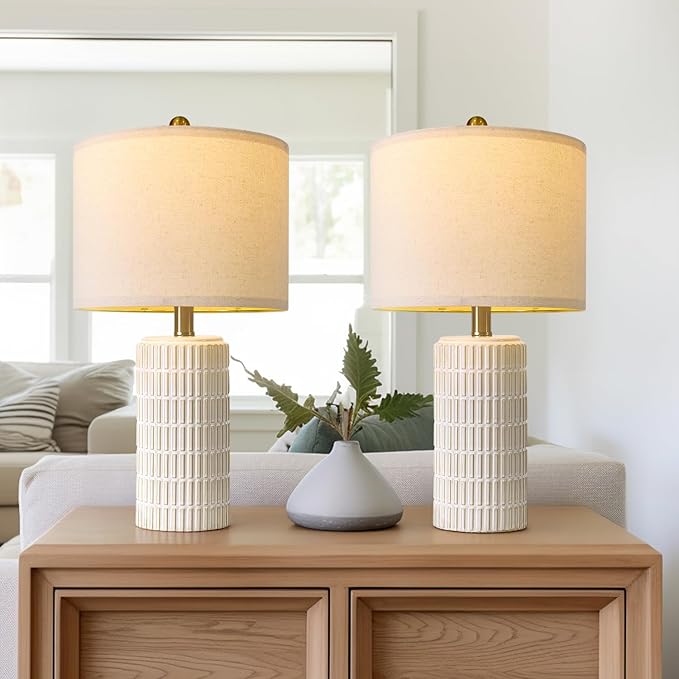 PoKat 20.75" Small Modern Ceramic Table Lamps Set of 2 for Bedroom, White Bedside Lamps for Night Stands, Farmhouse Desk Decor Gift Nightstand Table Lamps for Living Room End Table Beige