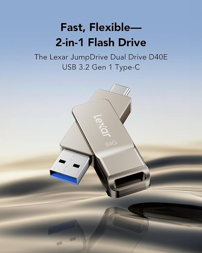 Lexar D40E 64GB Dual USB 3.2 Gen 1 Type-C Jump Drive, USB-C Flash Metal Housing Swivel Design Thumb Drive(Champagne Silver) (Pack of 4)