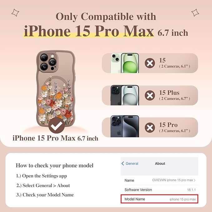 GVIEWIN for iPhone 15 Pro Max Case Compatible with MagSafe [Curly Wave Edge][Full Camera Protection] Floral Translucent Shockproof Magnetic Women Phone Case for 15 Pro Max 6.7'', Primrose/Brown