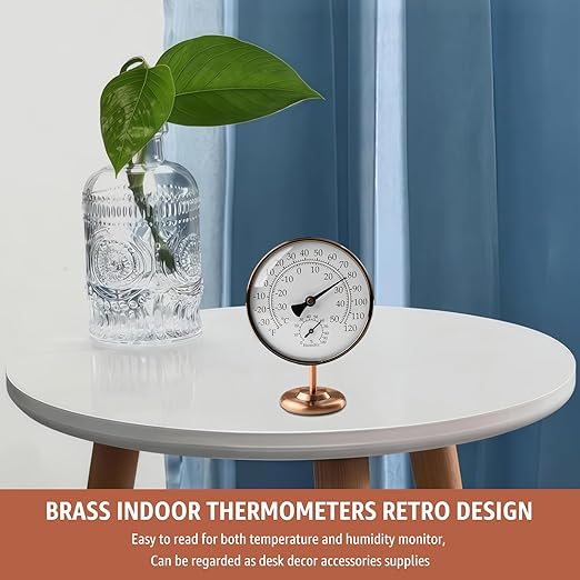 4-Inch Indoor Thermometer and Humidity Gauge, Room Analog Temperature and Humidity Monitor, Dual Scale Display, Brass Dial with Stand, Battery-Free for House, Home, Desk, Bedroom, Garage, RV