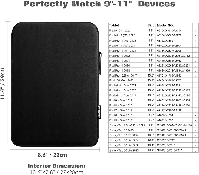 MoKo 9-11 Inch Tablet Sleeve Bag Carrying Case Fits New 11inch iPad Air M4, iPad A16 2025, iPad Pro 11 M4, Air 5/4/3, iPad 10/9/8th Gen, Tab S8/S9 11", Tablet Carrying Case, Black | Black