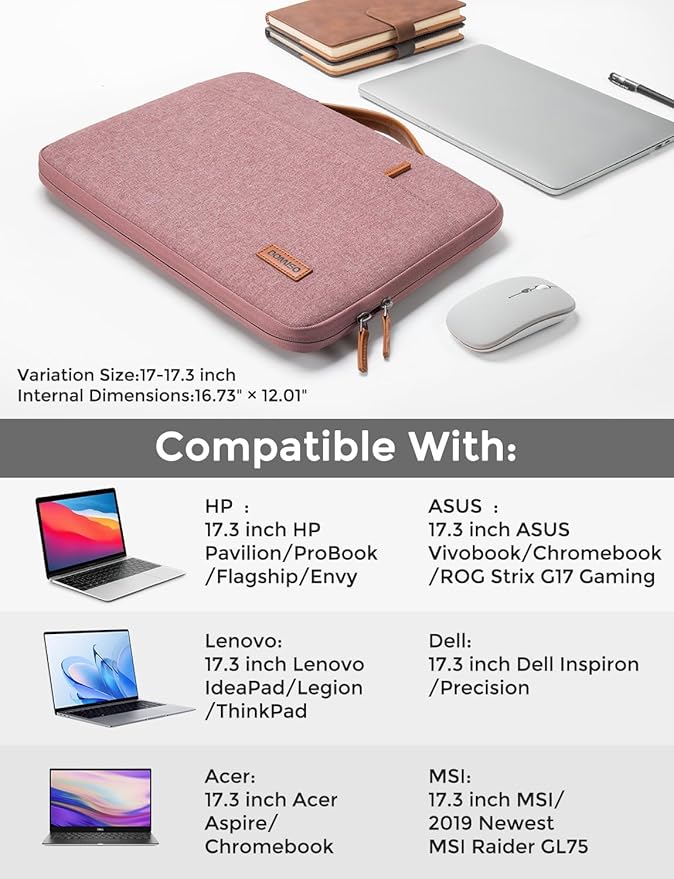 DOMISO 17 inch Laptop Sleeve Protective Case Cover Compatible with 17-17.3 inch HP Dell ASUS Lenovo Chromebook,Waterproof Computer Cases Bag with Handle,Pink
