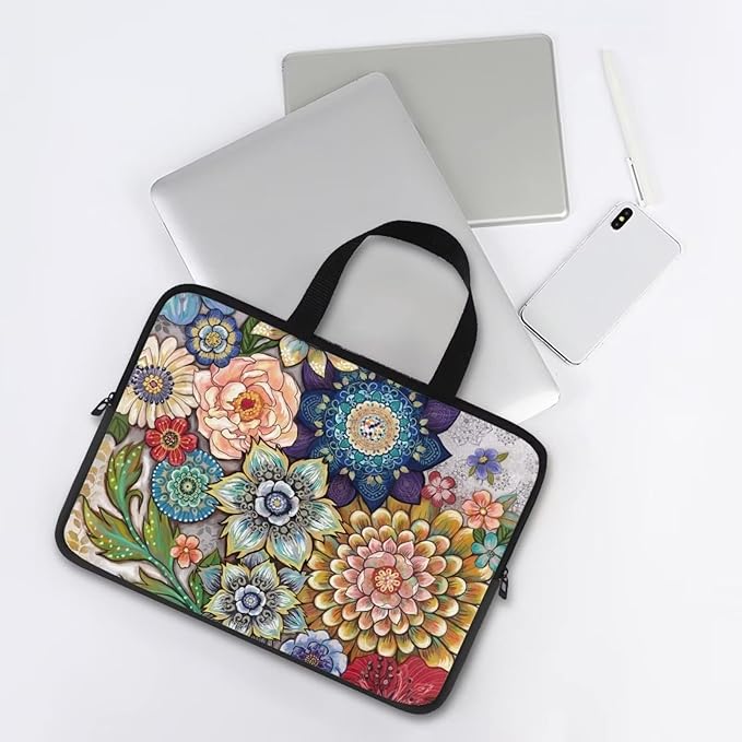 15 Inch Boho Flowers Laptop Sleeve for Women Girl, Slim Water Resistant Computer Carrying Case with Handle, Durable Protective Laptop Tote Bag Cover Compatible with Tablet/Notebook/Reader
