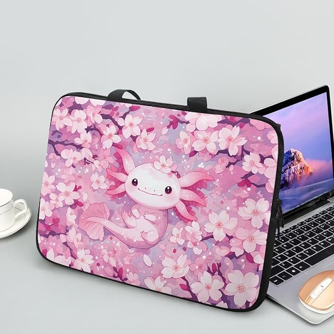 10-17 Inch Axolotl Cherry Blossom Laptop Sleeves for Women, Protective Tablet Carrying Case with Handle, Laptop Tote Bags Notebook Messenger Briefcase for Travel/Business/School