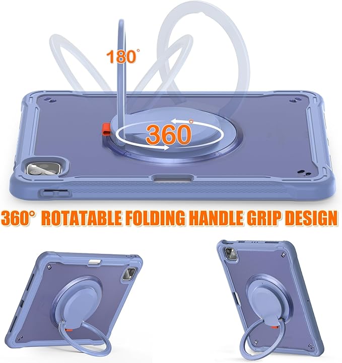 Batianda for iPad Pro 11 inch Case 2025 M5 2024 M4 Chip Dual-Layer Protective Tablet Cover, Durable Shock-Absorbing Corners with 360° Rotating Kickstand Ring Built-in Pen Slot, Lavender Grey