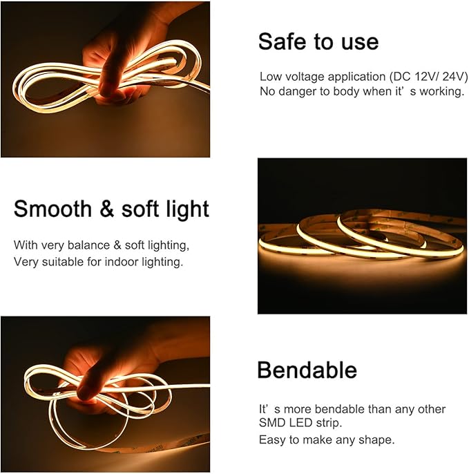 COB LED Strip Lights DC 12V LED Strip Flexible Super Bright LED Strips,16.4ft 3000K Warm White,CRI 90+,2400LEDs High Density Uniform Light for Home Room Decor (No Adapter or Controller)