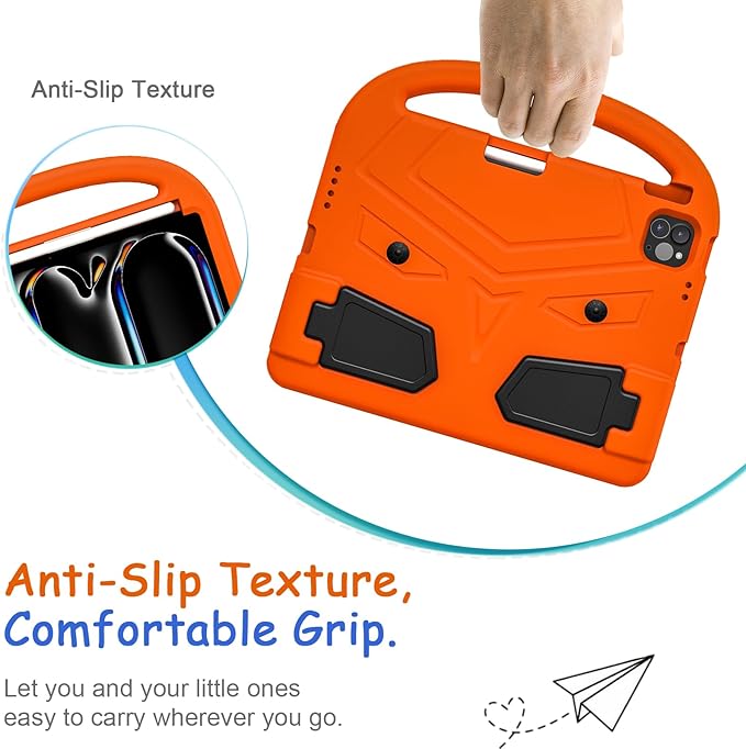 Kids Case for iPad Pro 11" M5 2025/M4 2024 & iPad Air 11" M3 2025/M2 2024, Techcircle Child Shock Proof EVA Protective [Support Pencil Charging] Handle Stand Cover, Orange