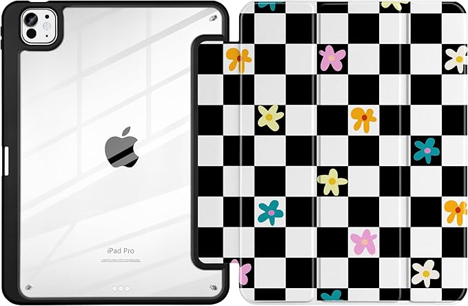 Case for iPad Pro 11 inch (M5) 2025 (M4) 2024 Release Slim Lightweight Cute Black Leather Cover with Clear Back TPU Edge Pencil Holder Trifold Stand, Grid