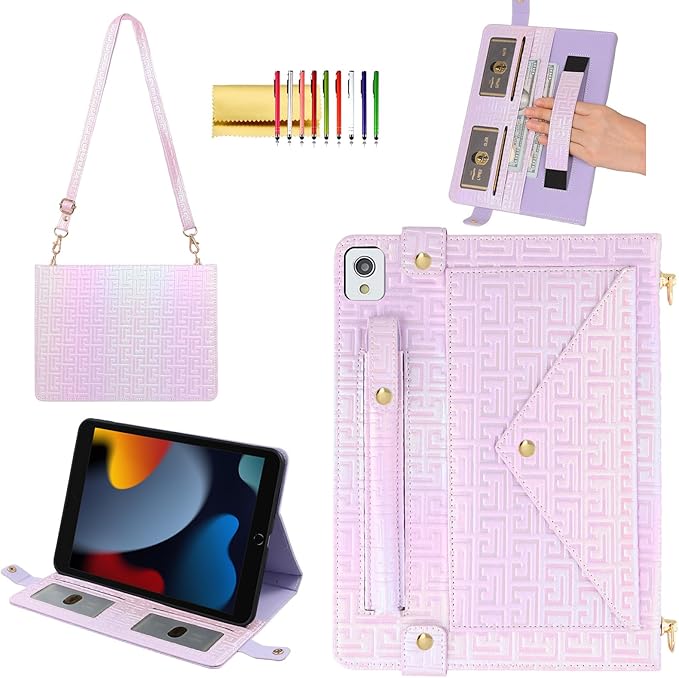 Shiny Case for iPad 6th/5th Gen 9.7 Inch (2018/2017), iPad Pro 9.7"/Air 2, Techcircle Crossbody Iridescent Folio Stand Multi-Pocket Wallet Case with Pencil Holder+Hand/Shoulder Strap, Shiny Lilac
