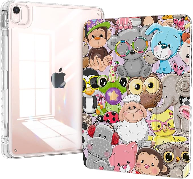 Trifold Case for ipad Air 6th/7th 11 inch M2/M3 2024/2025 with Pencil Holder, ipad Pro 11 4th/3rd/2nd/1st Gen, ipad Air 5th/4th Gen 10.9 Cover, Shockproof Clear Back Cover, Cute Animals
