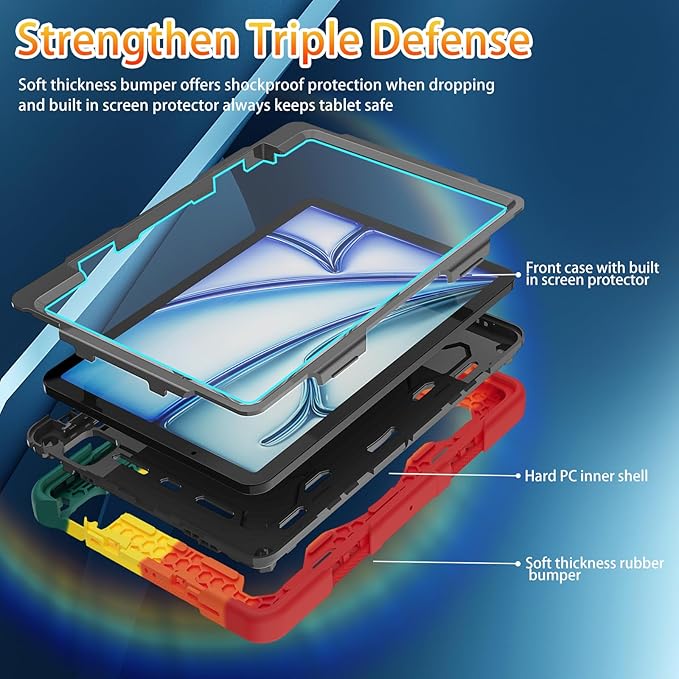 for Air 11 inch Case M3 2025 / M2 2024, Air 7th/6th Generation-with HD Screen Protector, 360 Rotating Kickstand/Hand Strap, Shoulder Strap, Pen Holder, Heavy Duty Military Grade- Kids Friendly