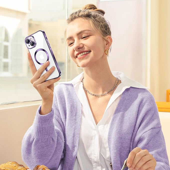 Hython Magnetic Clear for iPhone 15 Plus Case with Camera Lens Protector [Compatible with MagSafe] Luxury Plating Edge Slim Soft TPU Cover Protective Phone Case for iPhone 15 Plus 6.7", Deep Purple